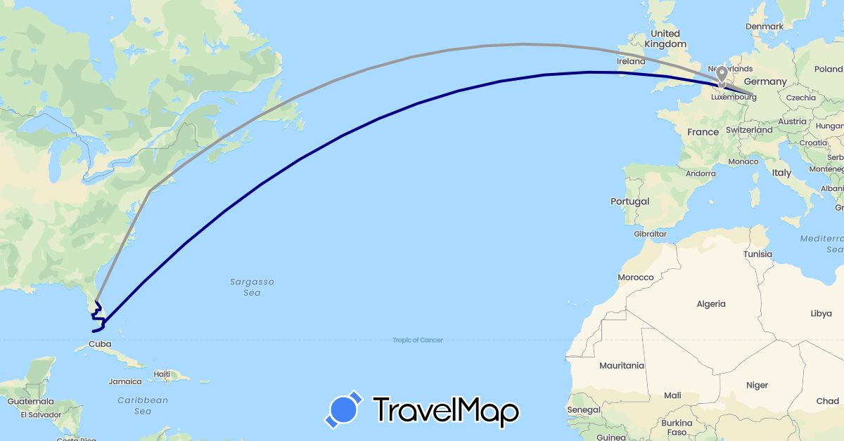 TravelMap itinerary: driving, plane in Belgium, Germany, United States (Europe, North America)